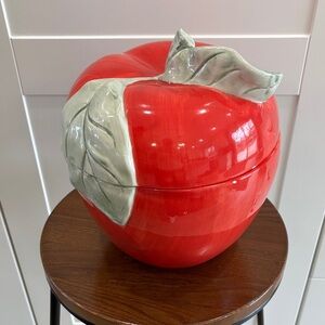 Gibson Red Ceramic Apple Cookie Jar with Pale Green Leaves
